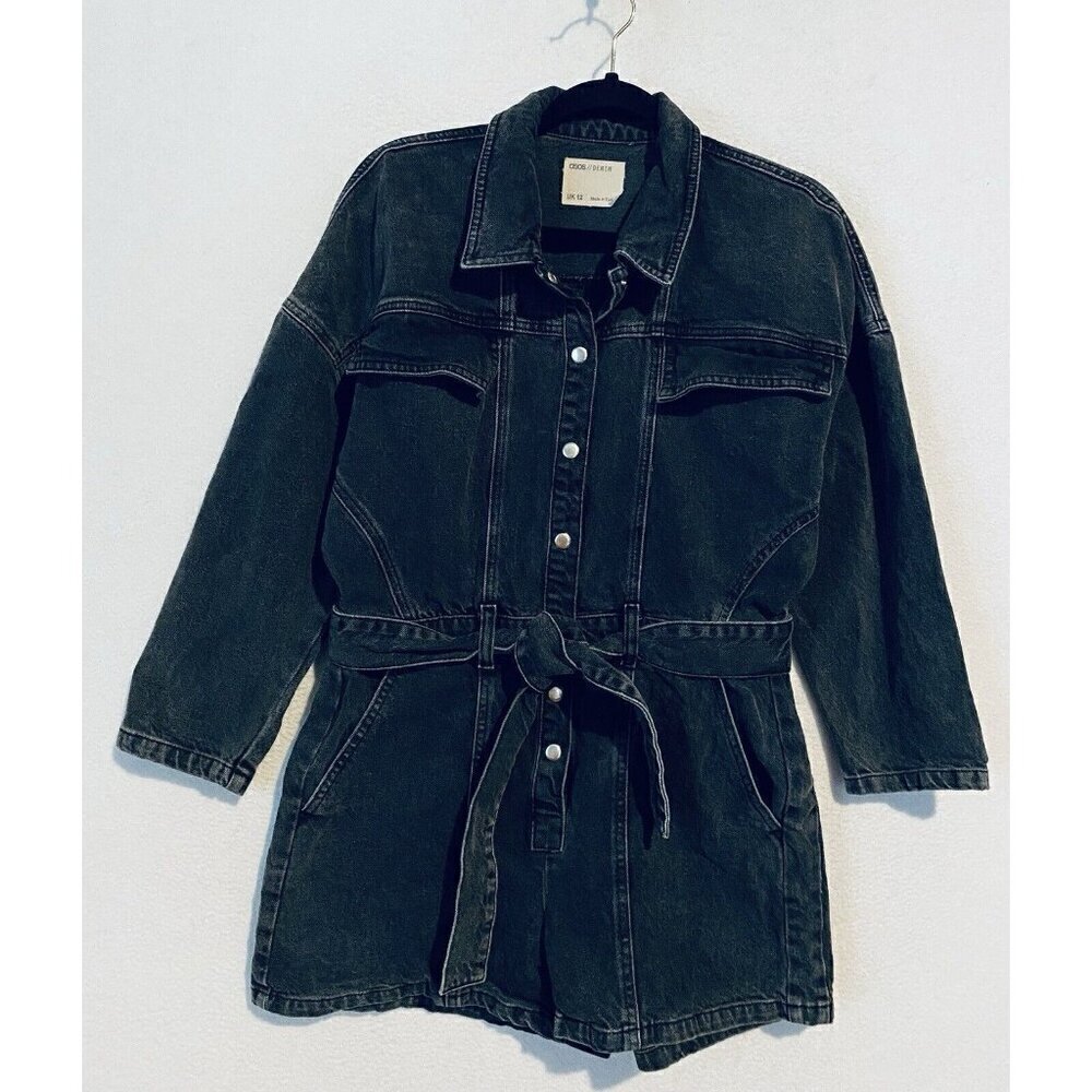 Asos Romper Womens 8 Black Distressed Denim Belted 3/4 Sleeve Boho Festival